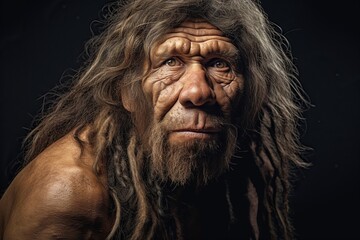 Portrait of a neanderthal man, prehistoric human, tribal caveman in a dark cave, hunter from prehistory era - obrazy, fototapety, plakaty
