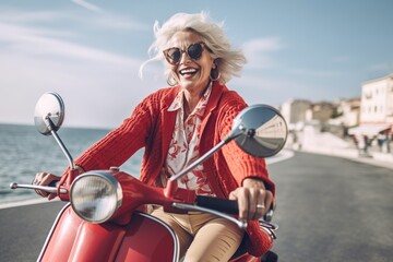 Fototapeta na wymiar Cheerful senior woman riding red scooter in Italy, retired granny enjoying summer vacation, trendy bike road trip