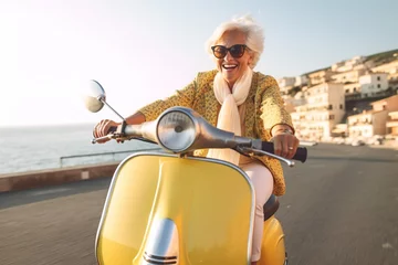 Crédence de cuisine en verre imprimé Scooter Cheerful senior woman riding yellow scooter in Italy, retired granny enjoying summer vacation, trendy bike road trip
