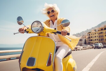 Cheerful senior woman riding yellow scooter in Italy, retired granny enjoying summer vacation, trendy bike road trip