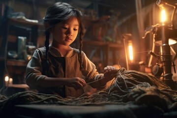 Fototapeta premium Child labour in asian factory, young girl forced to sew clothes under poor working conditions, concept of illegal industry and worker discrimination