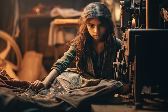 Child labour in asian factory, young girl forced to sew clothes under poor working conditions, concept of illegal industry and worker discrimination