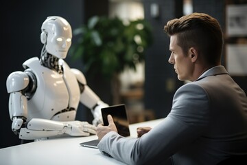 Job interview with futuristic robot in modern office, AI replacing humans, taking our jobs in the future
