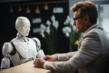 Job interview with futuristic robot in modern office, AI replacing humans, taking our jobs in the future