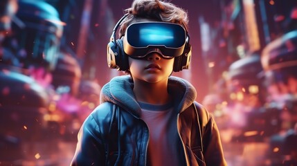 Teenager immersed in VR metaverse, playing video game with virtual reality headset on neon cyberpunk city street, experiencing futuristic technology