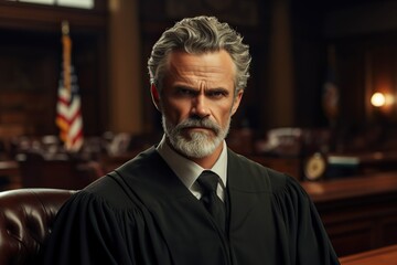 Portrait of a senior judge in robe, presiding over a trial in courtroom, handsome bearded man ensuring justice and delivering verdict in court