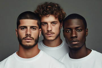 Obraz premium Diverse group of men standing together, confident multicultural male beauty in studio setting, diversity concept, isolated on gray background