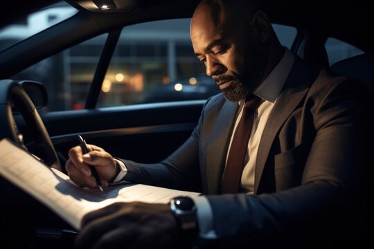 successful african american man looking through documents in a car. A successful businessman reads documents while sitting in an expensive car