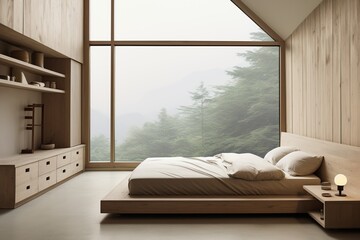 Elegant Japandi interior of bedroom with big window, beige wall, bed, modern design, cozy...