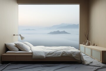 Elegant Japandi interior of bedroom with big window, beige wall, bed, modern design, cozy aesthetic, minimalistic decor in apartment