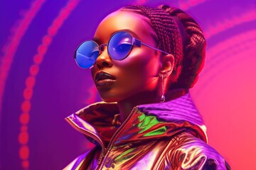 High fashion studio portrait of young african american woman with sunglasses, beautiful makeup, neon colors
