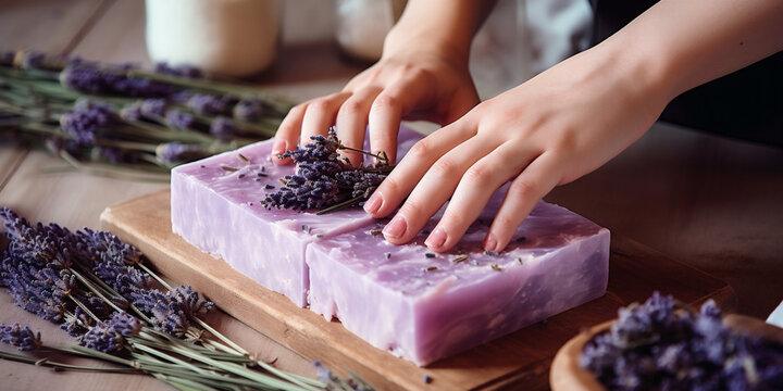 Hands of woman making natural lavender soap bars,  small business product, ai generated
