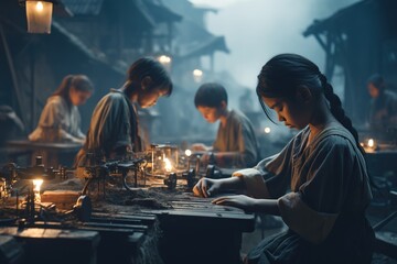 Child labour, group of young poor asian children forced to work in a dark dangerous factory, the tragic face of poverty and discrimination