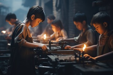 Fototapeta na wymiar Child labour, group of young poor asian children forced to work in a dark dangerous factory, the tragic face of poverty and discrimination