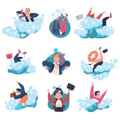 People Entrepreneur Character Drowning in Water Vector Set