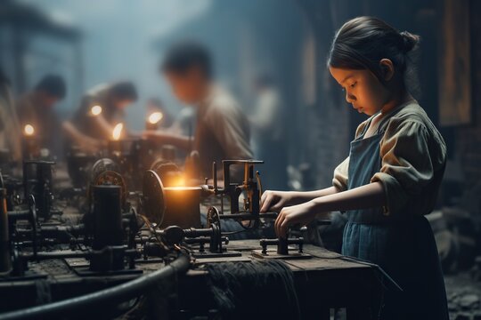 Child labour, group of young poor asian children forced to work in a dark dangerous factory, the tragic face of poverty and discrimination