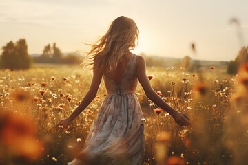 Young woman in dress enjoying summer freedom, walking in flower meadow at sunset, hand in wheat field, country sunshine, beauty of countryside