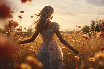 Young woman in dress enjoying summer freedom, walking in flower meadow at sunset, hand in wheat field, country sunshine, beauty of countryside