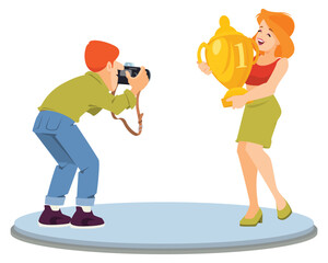 Photographer taking photo of woman with gold cup. Illustration for internet and mobile website.