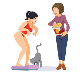 Woman weighs herself. Illustration for internet and mobile website.