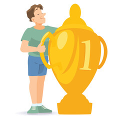 Proud cartoon man hugging gold cup. Illustration for internet and mobile website.