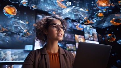 Augmented reality. Woman in futuristic neon metaverse game, girl exploring AR cyberspace