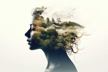 Double exposure portrait of woman blended with nature, forest trees form face, creative art of beauty and tranquility, abstract girl profile in green woods