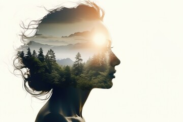 Double exposure portrait of woman blended with nature, forest trees form face, creative art of beauty and tranquility, abstract girl profile in green woods