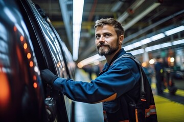 Engineer worker in automotive factory, car manufacturing process, assembly line production, technician at automobile frame on futuristic conveyor, auto industry technology