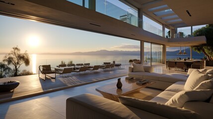 Fototapeta premium Luxury home with modern pool at sunrise, contemporary villa architecture, resort style hotel with beautiful interior and exterior design, backyard view, summer vacation and real estate concept