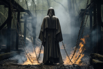 Rear view of priest swinging smoking censer on chain leaving trails