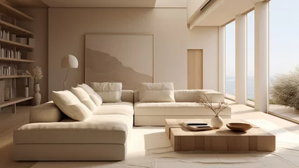 Fotobehang Japandi living room interior with cozy beige couch, modern minimalist design of apartment © iridescentstreet