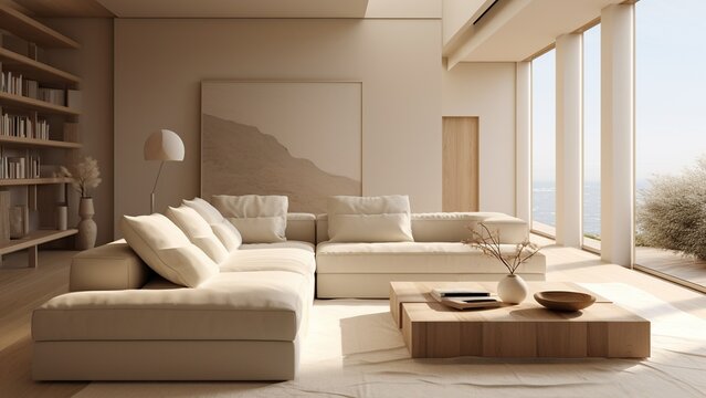 Japandi Living Room Interior With Cozy Beige Couch, Modern Minimalist Design Of Apartment