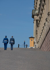 Guard and a sentry post, waiting for to officers inspection at the sloop Lejonbacken, a sunny summer day in Stockholm