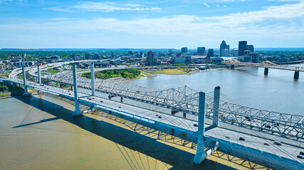 Two suspension bridges over Ohio River downtown Louisville KYskyscraper skyline aerial