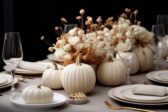 Modern table setting for fall holidays, thanksgiving, halloween, wedding with pumpkins and autumn leaves