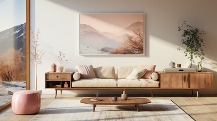 Stylish Living Room Interior with a Frame Poster Mockup, Modern Interior Design, 3D Render, 3D Illustration