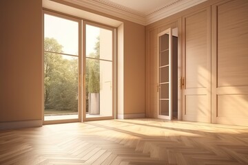 Bedroom with bed and beige bedding in sunlight. Lace beige bedding.  Generative AI