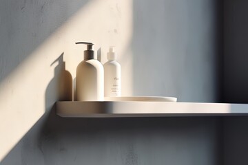 Empty shelf on the wall for cosmetics in sunlight against white background. Minimal mockup design for product presentation.  Generative AI