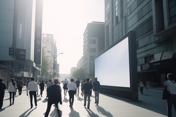 Fototapeta na wymiar Billboard on the street around people walking around. Generative AI