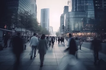  A crowd of people walking down the street in the evening in the city. Blur.  Generative AI © Natali