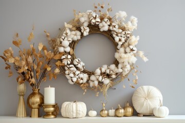 Modern interrior decoration with dry flowers wreath and decorative pumpkins for autumn, thanksgiving, fall, halloween