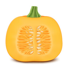Orange ripe pumpkin in a section with seeds isolated on white background. Decorative art element for Thanksgiving, Halloween celebration layout design. Bright orange fruit. Realistic 3d vector