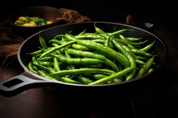 Green beans in a frying pan. Generative AI