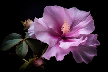 Close-up of a single pink and purple Rose of Sharon (Hibiscus syriacus) with a dark and moody background