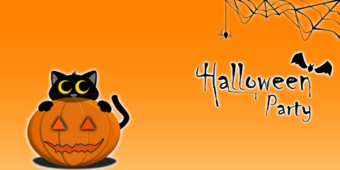 Halloween Party. Black cat, Bat, pumpkin, and spider web. Halloween background concept vector. fun party celebration orange background design.