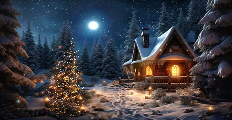 Starry night ,full moon ,winter forest , Christmas trees ,wooden cabin with light in windows, ,pine trees covered by snow ,winter Christmas festive background - 626649940