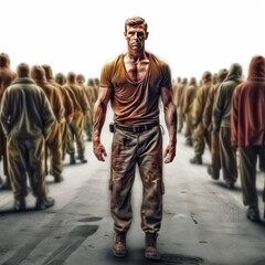 Muscular working man walking the opposite direction in a crowd. Made with Generative AI.