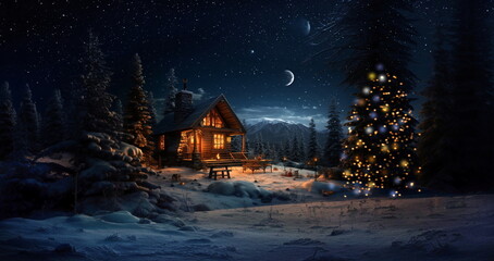 Starry night ,full moon ,winter forest , Christmas trees ,wooden cabin with light in windows, ,pine trees covered by snow ,winter Christmas festive background - 626649967