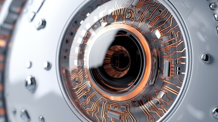 Close up of a robot eye. Artificial intelligence. Concept of technological vision or artificial intelligence control. Illustration for banner, poster, cover, brochure or presentation.